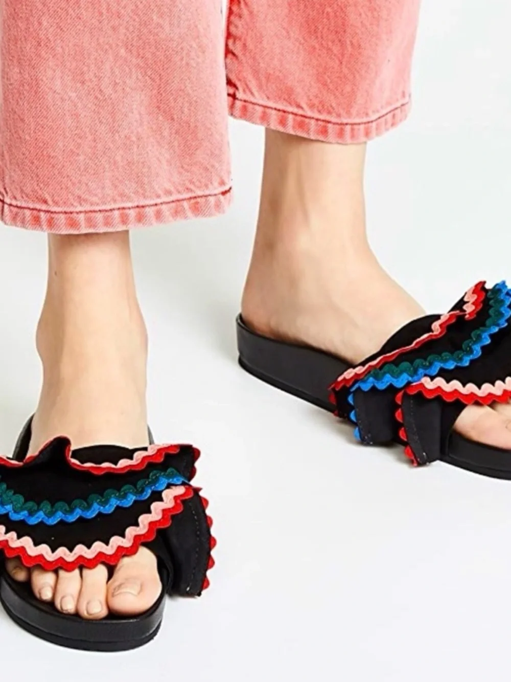 Loeffler Randall Black Slides with Multicolor Ruffle Trim - Picture 1 of 6
